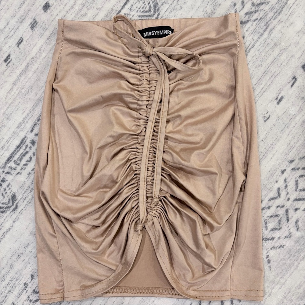 🌟2 for $10 Missy Empire Taupe Tan Satin Ruched Mini Skirt Glam Mobwife S - Picture 2 of 8